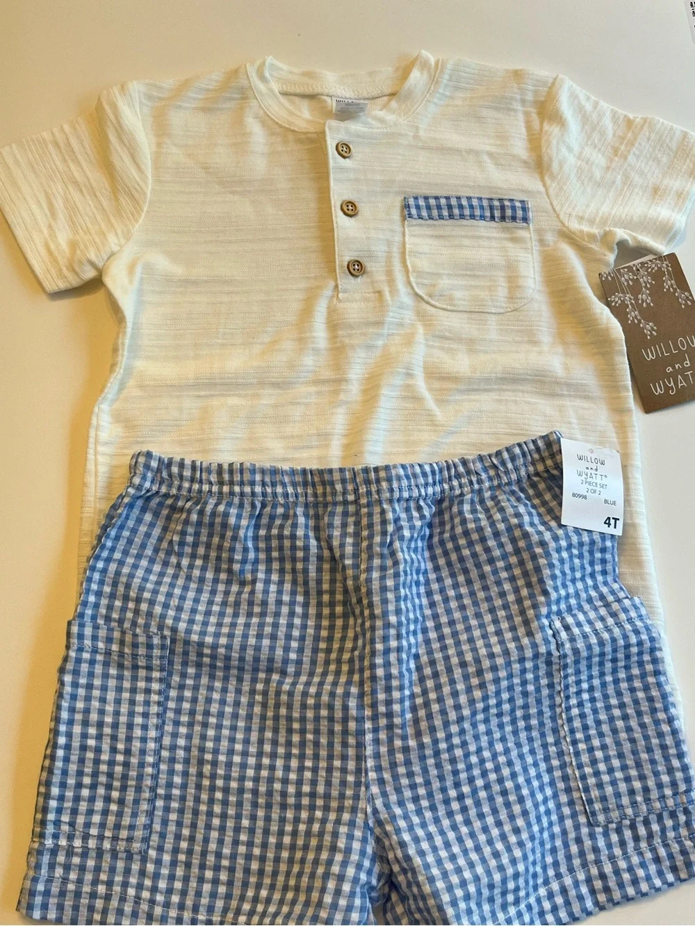Cream Henley Top with Blue Gingham Shorts - Kids Matching Set